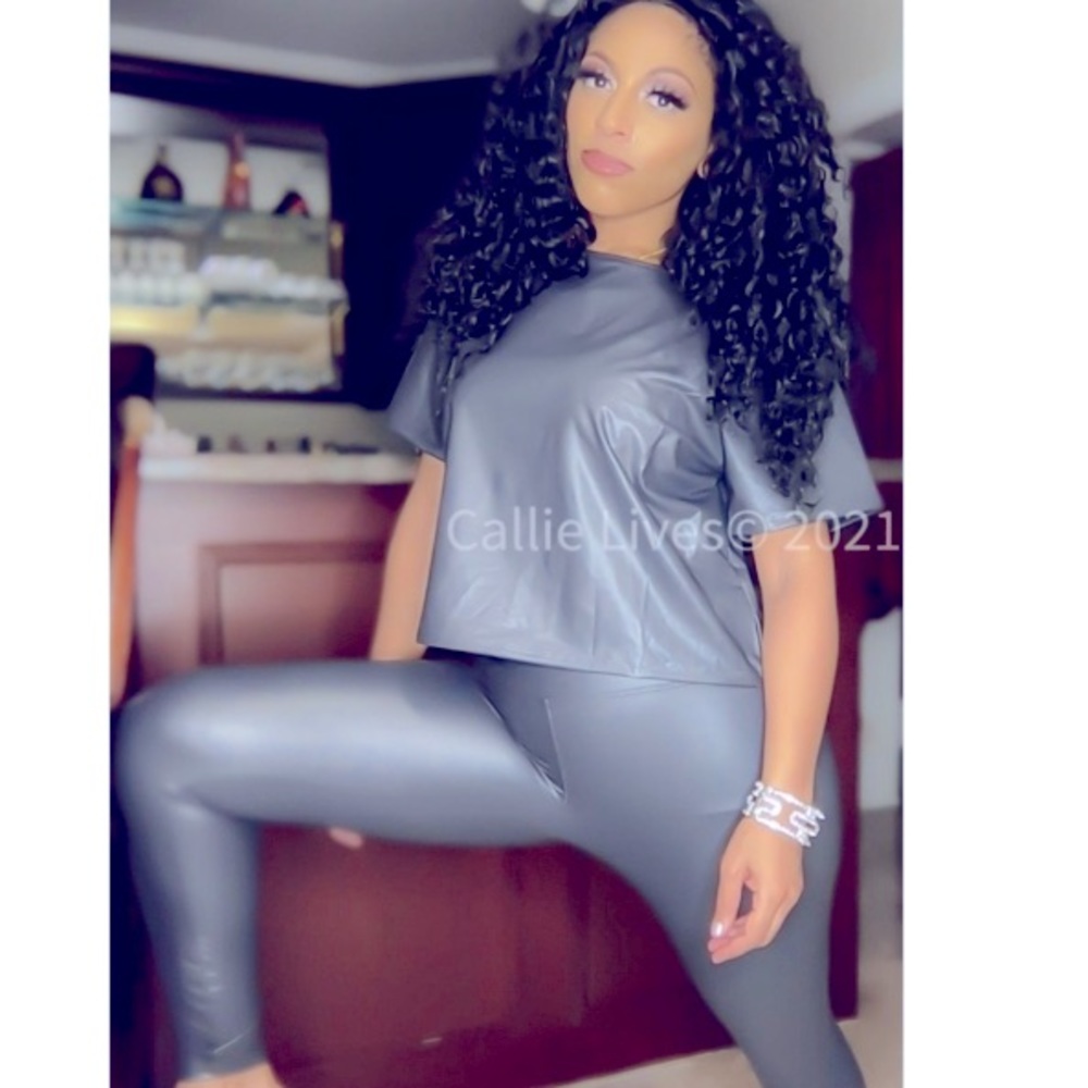 HostPick! Miz Holiday Vegan Charcoal Leather Crop Top & Legging Sets - Picture 2 of 9